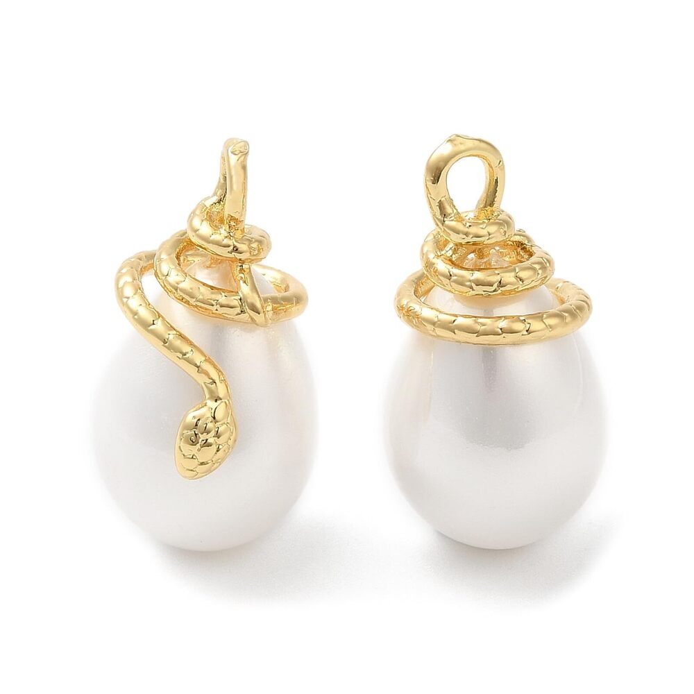 1779 5 Pcs Shell Pearl Teardrop Snake Charms 18K Gold Plated Brass Water